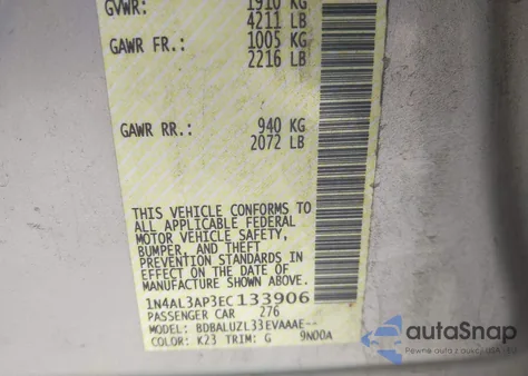 2014 Nissan Altima 2.5 Sv z USA, uszkodzony, nr VIN 1N4AL3AP3EC133906